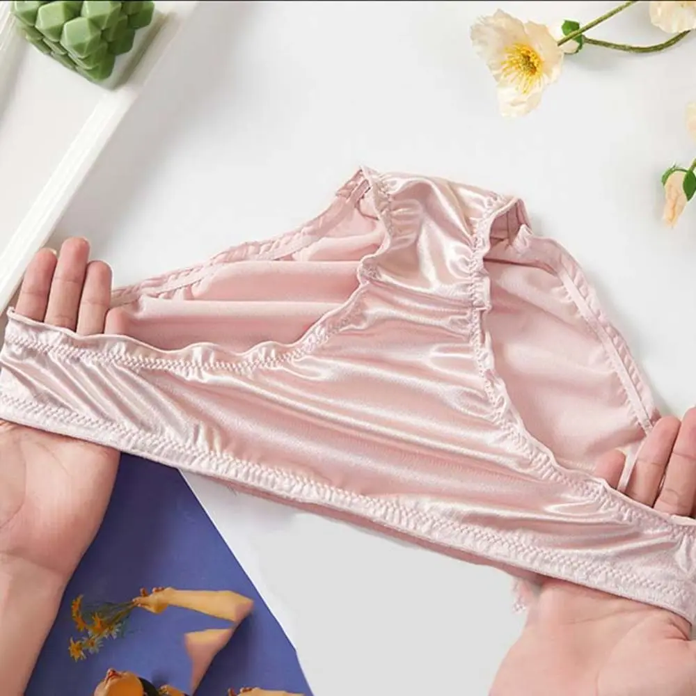 Simple Low Waist Satin Silk Panties Thin Solid Color Ruffles Briefs Women Lingeries Underwear Women's Panties Daily