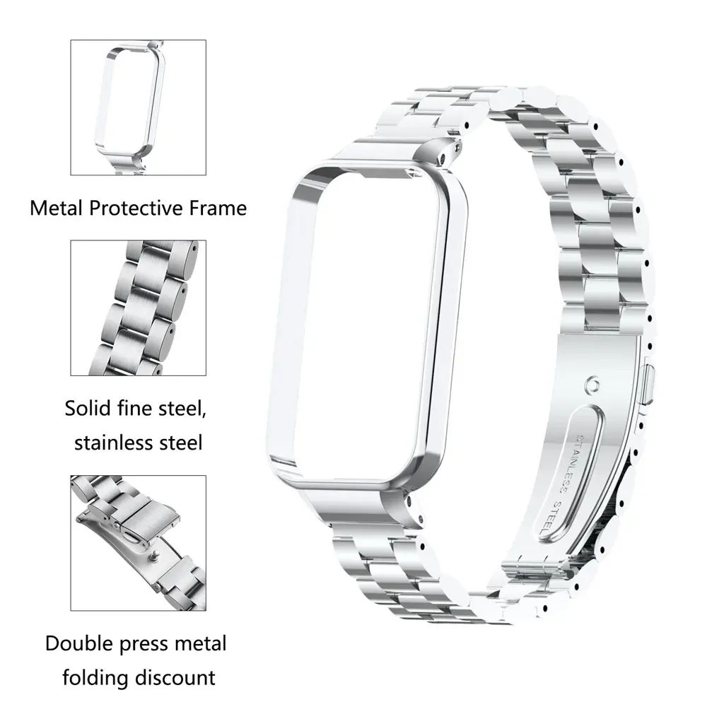 Stainless Steel Straps For Xiaomi Mi band 8 Active Solid three-bead stainless steel strap Bracelet For Redmi Band 2/8Active