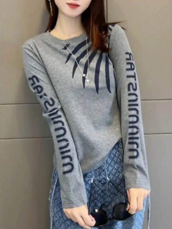 plus Size Pure Cotton Long Sleeve round Neck T-Shirt Women's Autumn New Style Slimming Fashionable Top Korean Style Commute Wind