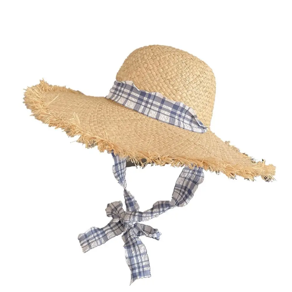 

Sweet UV Protection Lafite Straw Hat Lace-up Ribbon Weave Straw Cap Sunscreen Boho Beach Hat Vacation