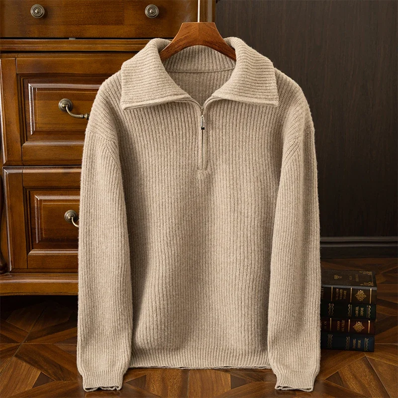 Men's Monochromatic 100%Cashmere Sweater with Zipper, Knitted, Spring and Autumn, New Collection, Middle-aged and Young Men's Lo