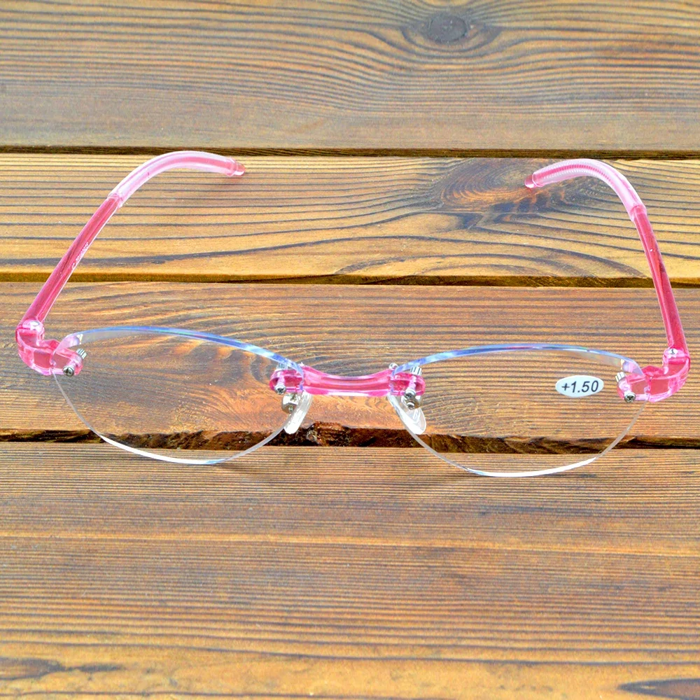 Rectangle Transparent Pink Frame Rimless Light Spectacles Multi-coated Anti-fatigue Lenses Fashion Reading Glasses +0.75 To +4