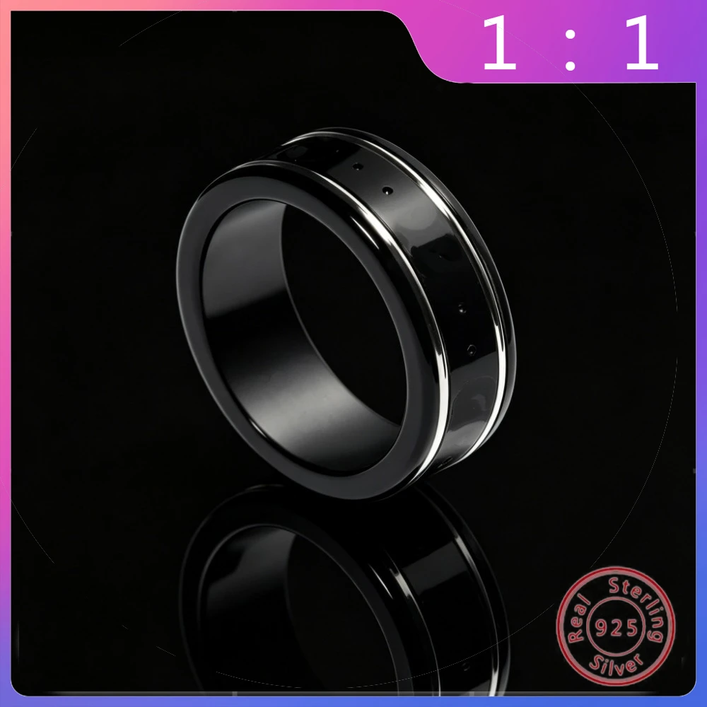 

Кольцо из серебра S925 пробы, высококачественное, модное, трендовое, нишевое, универсальное, в стиле ретро, с черной керамической вставкой и надписью