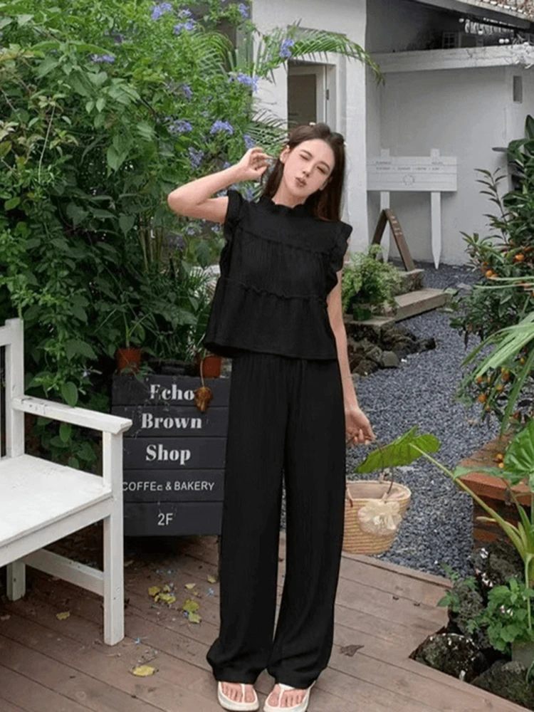 

Летняя тонкая плиссированная юбка, комплект чайного топа с кружевной отделкой, широкие брюки, костюм из двух предметов для женщин 25-35 лет