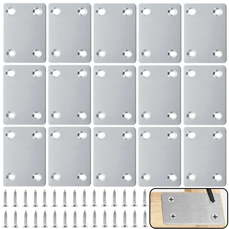 1/20Sets Stainless Steel Metal Corner Brackets 4 Hole Metal Flat Repairing Plate with Screws Portable Wooden Furniture Fasteners