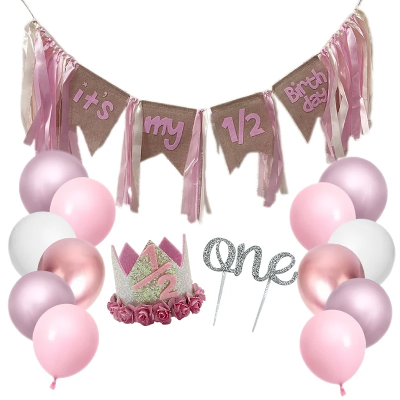 Toddler Baby 1/2 Birthday Party Decorations Kids Birthday High Chair Banner Crown Cake Topper and Ballons