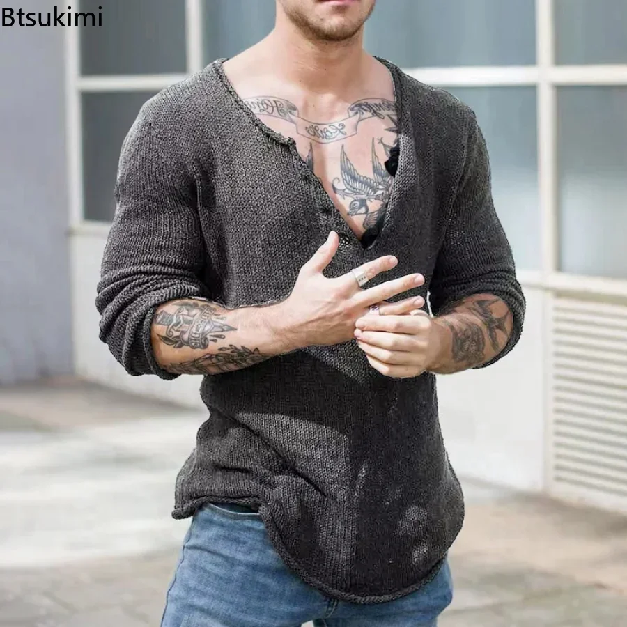 2025 Spring Autumn Mens Casual V-Neck Solid Sweater Fashion Knitted Pullover Tops For Men Harajuku Long Sleeve Jumper Streetwear