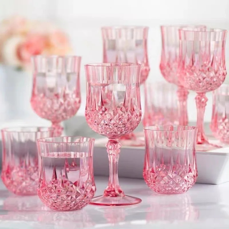 Pink Plastic Wine Glasses in Retro Style, Suitable for Weddings, Receptions, Grand Events, and Parties. High-Quality Plastic Goblets for Drinking, 6Pcs/12Pcs Set of Red Wine Glasses