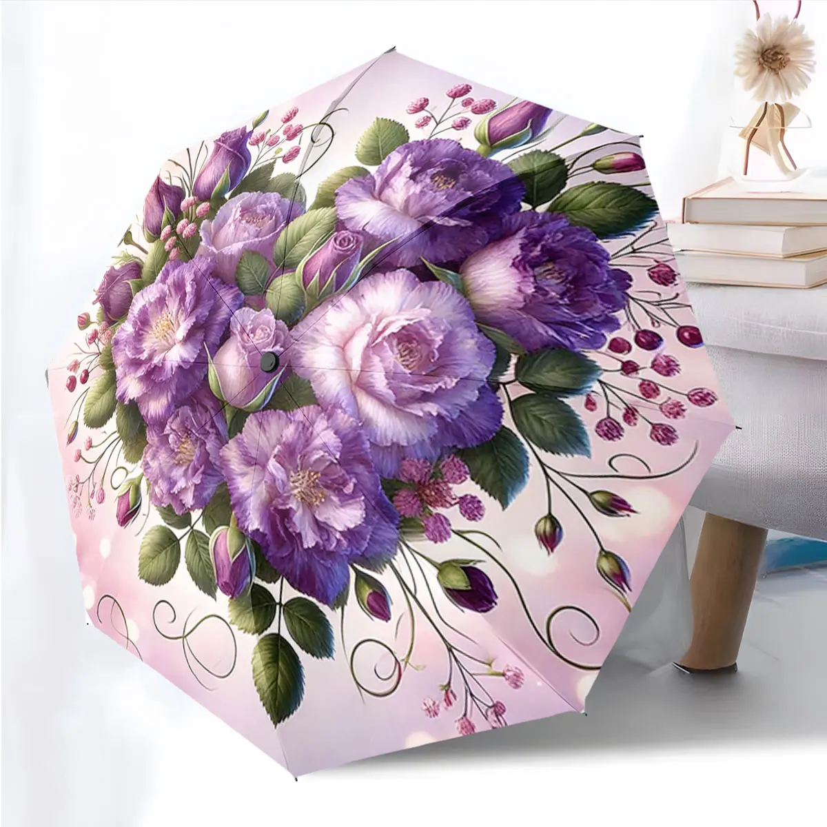 1PC Purple Blossom Umbrella: A Floral Elegance Print 8 Iron Ribs Folding Umbrella Auto-Open Fashion Sunshade