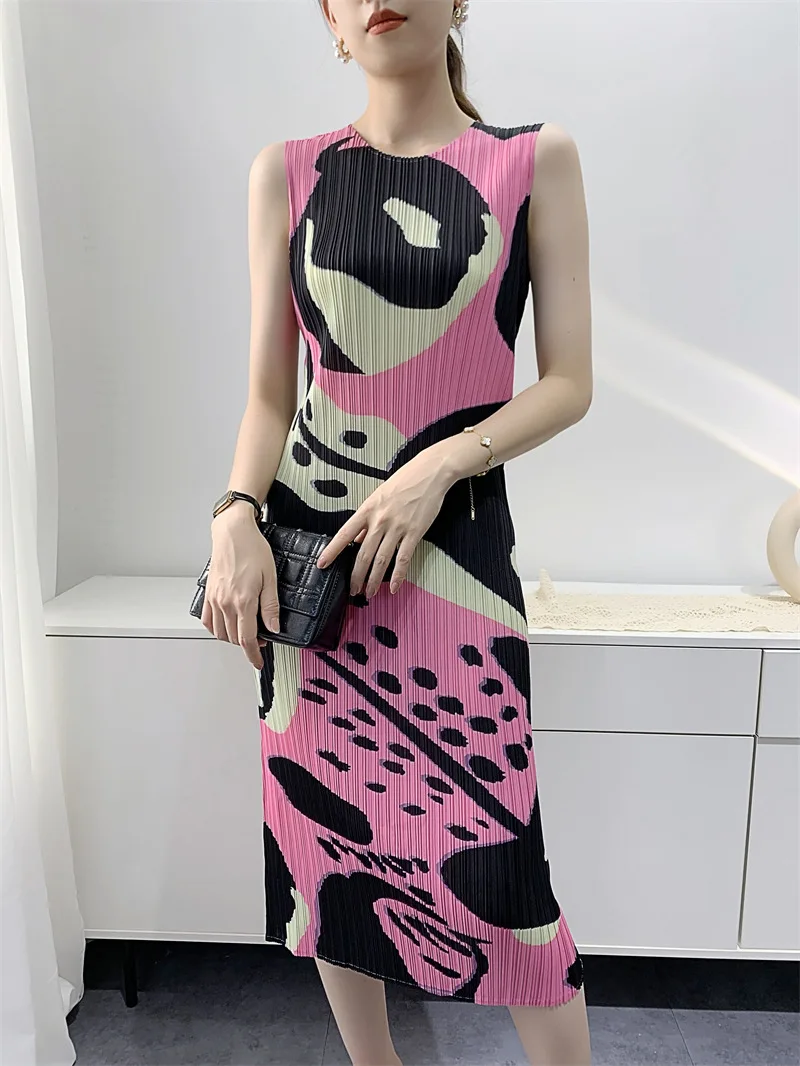 

Miyake Pleated Dress for Women 2022 Summer New Digital Printed Vest Mid-Length Pleated Dress Women Vestidos De Mujer Dresses