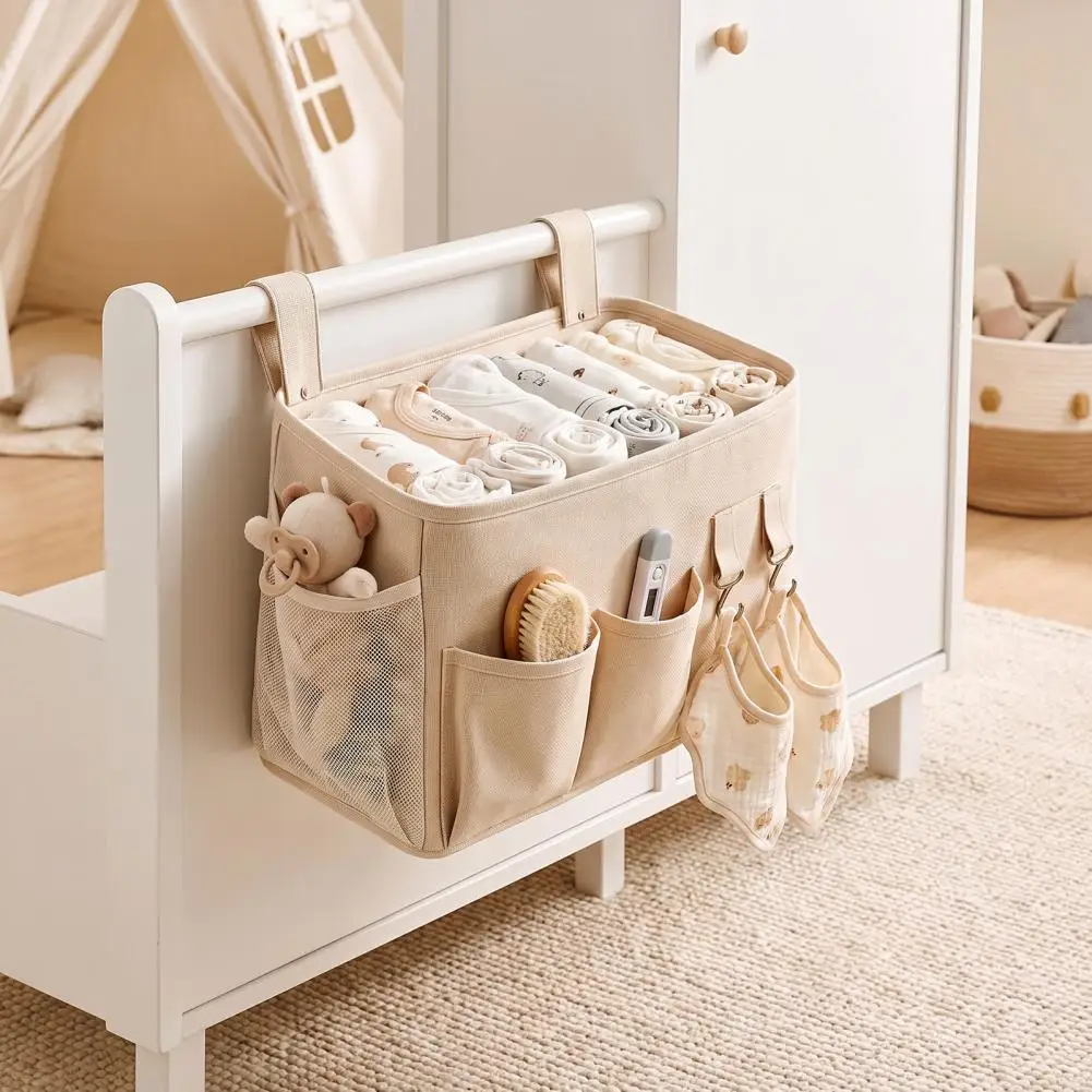 Changing Table Storage Baby Crib Bedside Organizer with Multi-partition Pockets Durable Polyester Hanging Storage for Diapers
