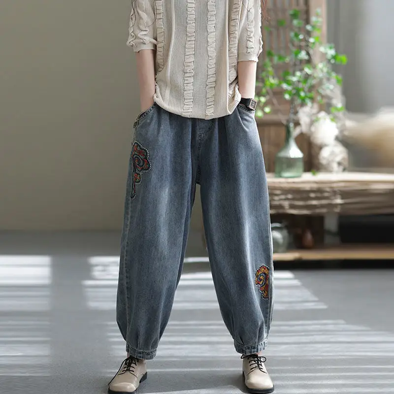 Women Summer Simplicity Loose Fashion Embroidered Vintage High Waist Jeans Women Clothes Casual All-match Appear Thin Wide Leg