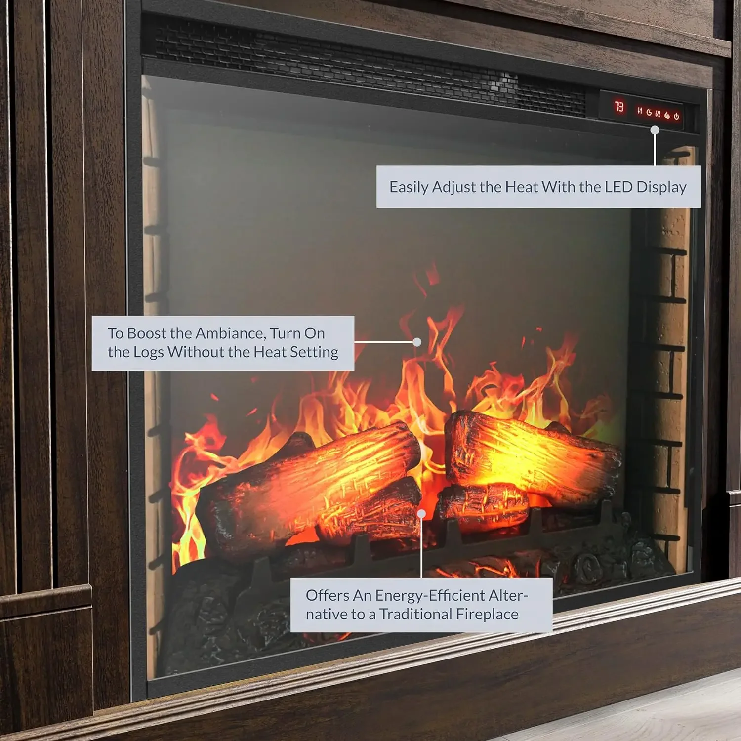 Consola multimedia para chimenea eléctrica contemporánea de 70 con calefacción eficiente para televisores de hasta 68