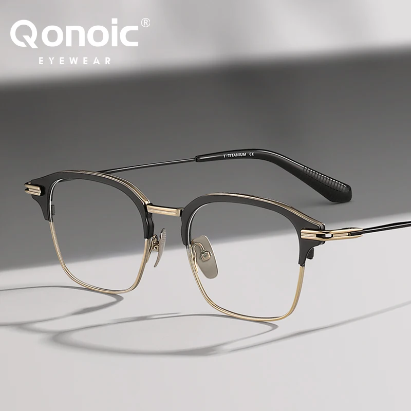 QONOIC Men's Pure Titanium Browline Glasses Frames Super Light Classic Eye Glasses AT22142