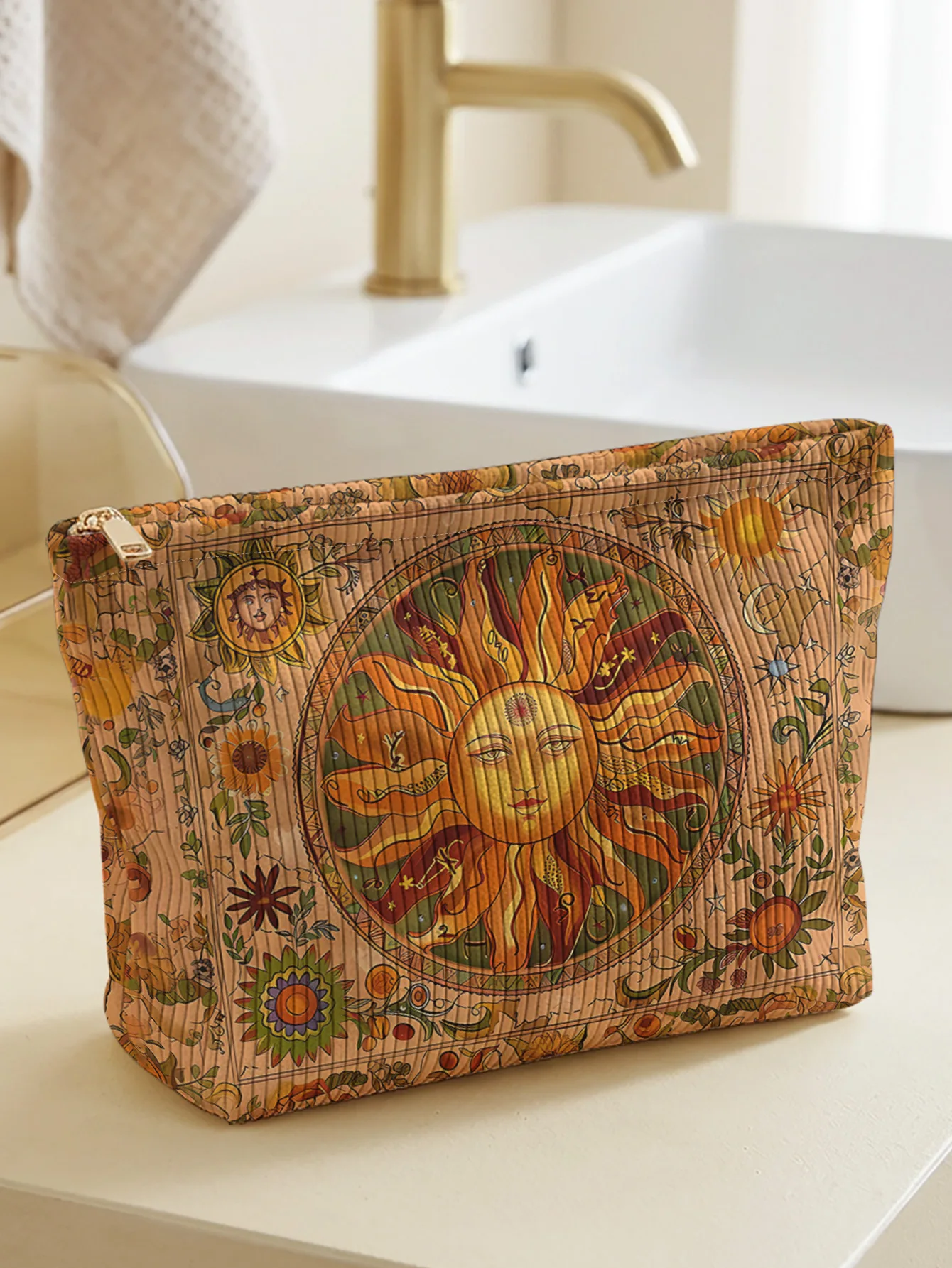 Vintage boho sun face floral printed corduroy makeup bag, lightweight zipper pouch, multifunctional lined cosmetic bag