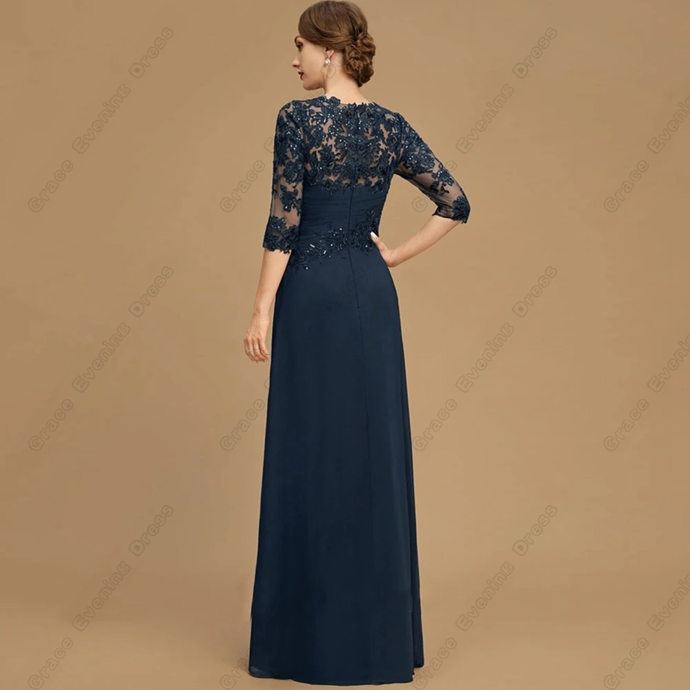 Navy Blue Three Quarter Wedding Party Gown for Women Lace Beach Chiffon Mother of Bride Dresses Vestido De Noche 2023 Summer