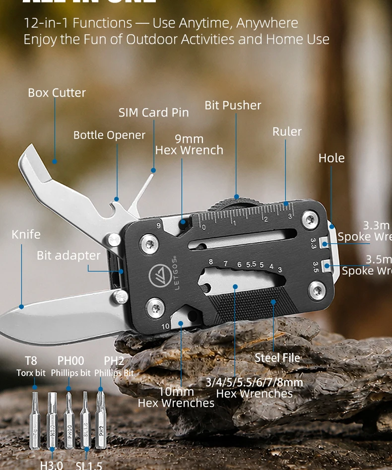 LETGOS Mini-Taschenmesser 12-in-1 Multitool, EDC Klappmesser Überlebenswerkzeug für Outdoor-Camping und Wandern, Cooles Geschenk für Männer und Väter – Detail 3