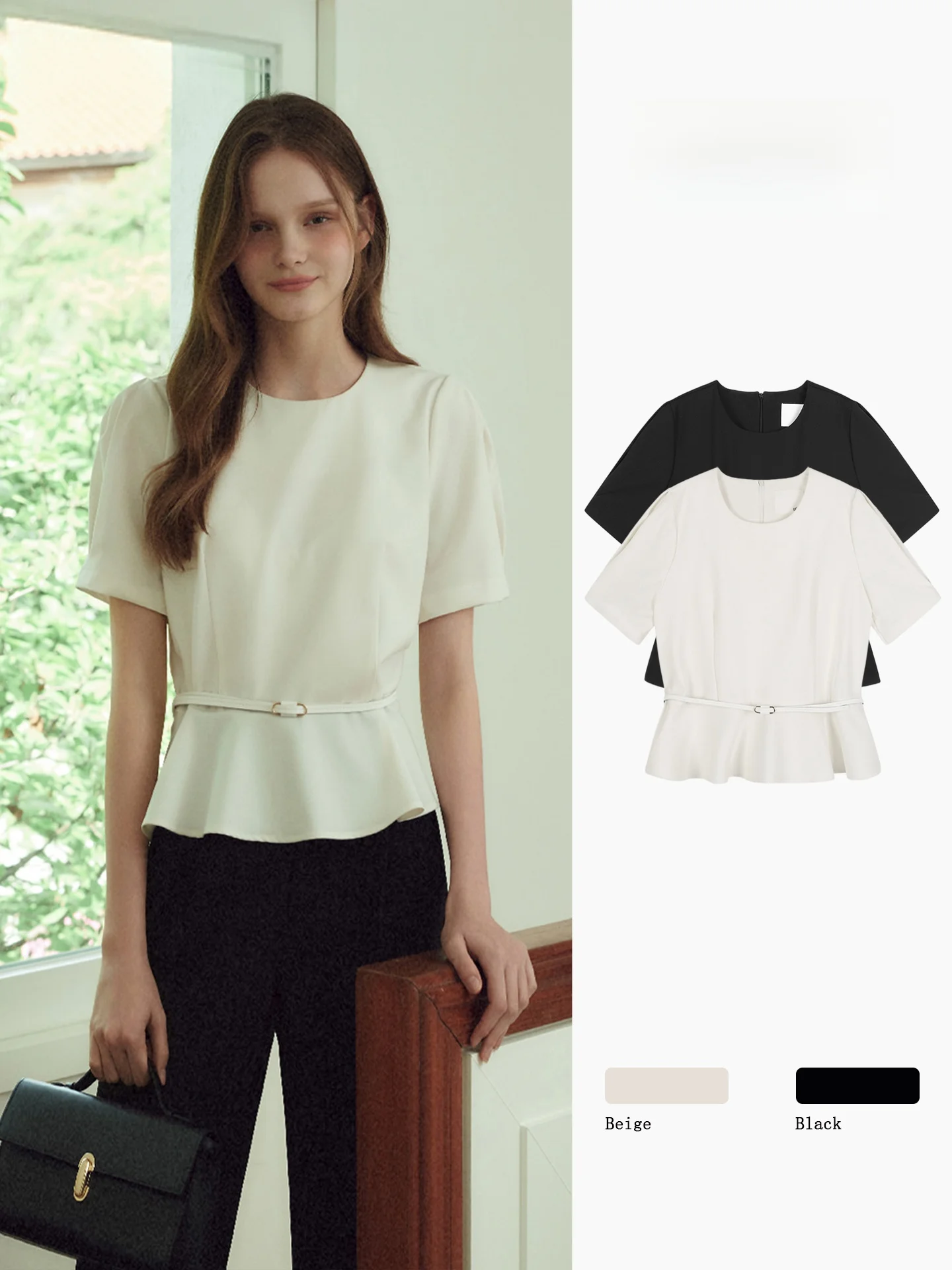 

Women's Summer New High Waist Short Sleeve Shirt with Lace Hem Commute Style Slimming Top Korean Version Spandex Polyester