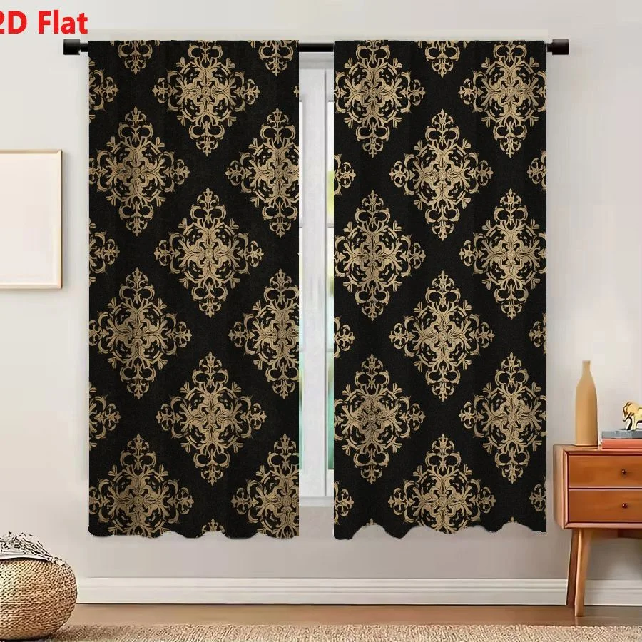 2Pcs Curtains 2D Flat Seamless Damask Pattern With Ornate Baroque Floral Motifs On Black Background Window Drapes for Bedroom Ro