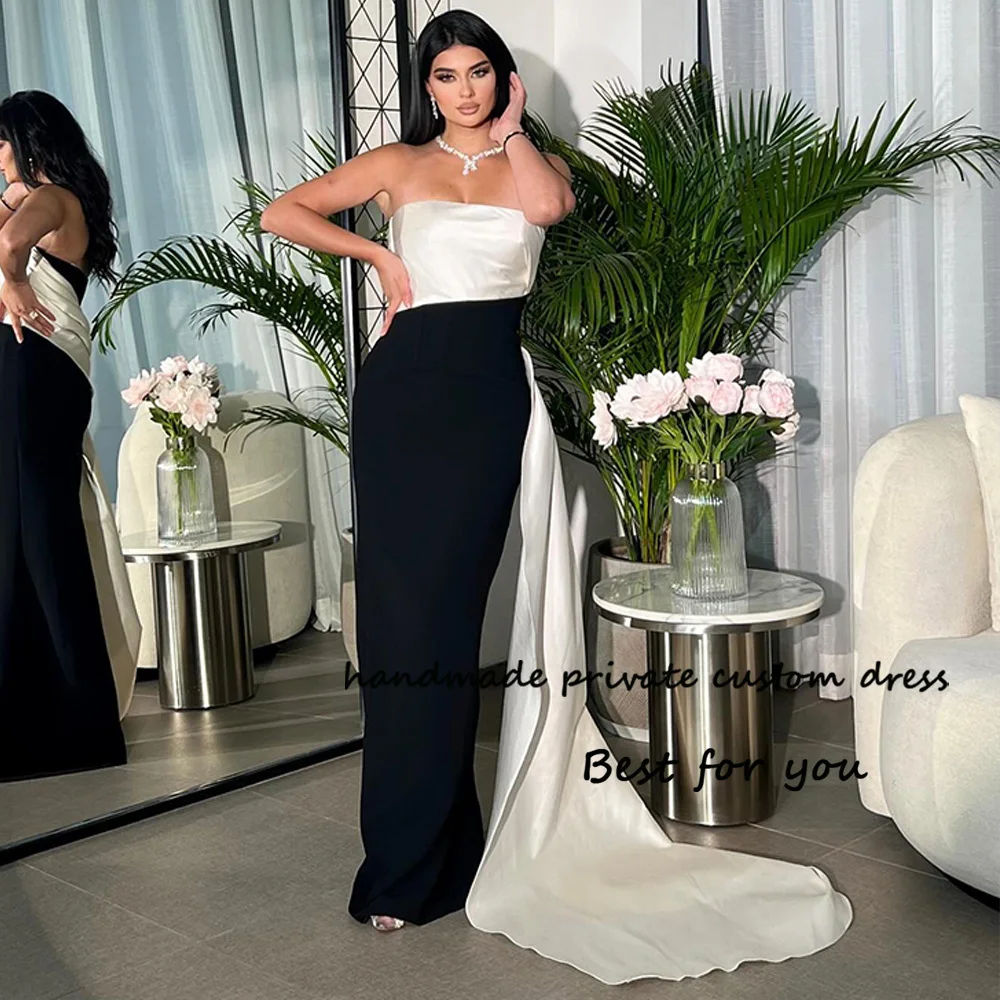 

Black White Satin Mermaid Evening Dresses Strapless Dubai Arabic Formal Prom Dress with Train Long Evening Gowns