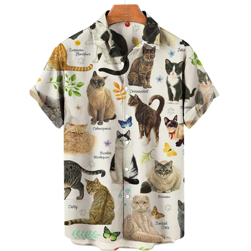 Summer Hawaiian shirt Men\'s 3D Animal Printing Shirt Men\'s Angry Cat Catal Catal Short -sleeved Stereo T -shirt Large size top