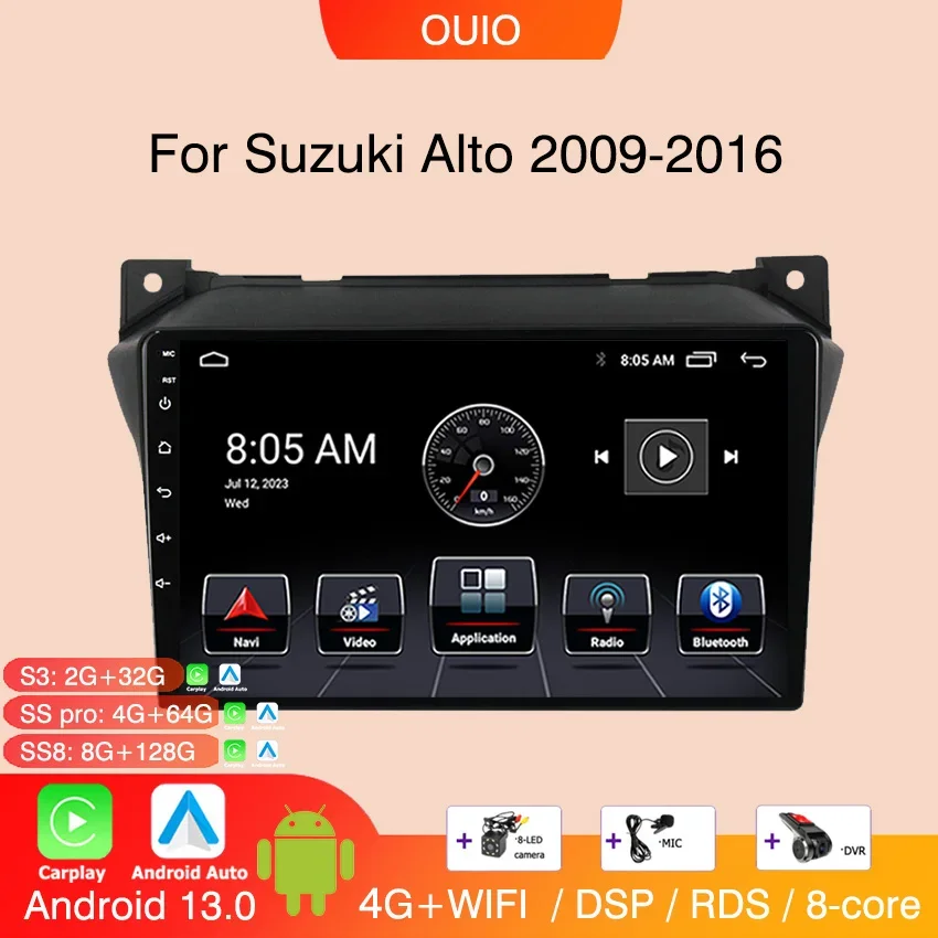 8GB+128GB Android 13 radio For Suzuki Alto 2009 2010 2011 2012-2016 Car stereo Multimedia Player Carplay Auto GPS Navigation