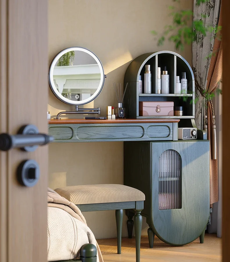 

French retro solid wood dresser master bedroom makeup table green dresser retractable dresser chest cabinet integrated