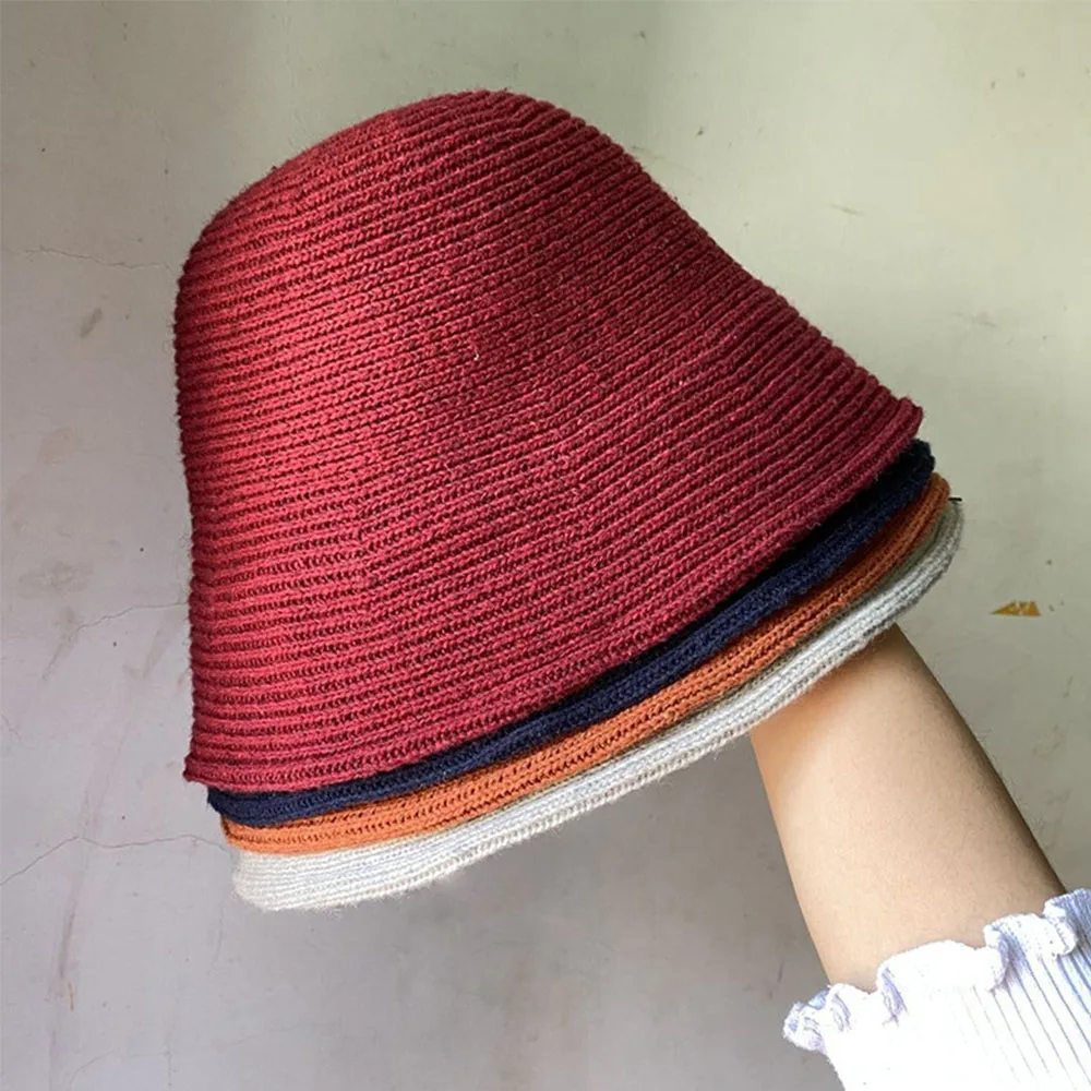 

Korean Female Winter Warmer Thicken Knitted Felt Wool Hat Warm Hats Fishing Cap Bucket Hat