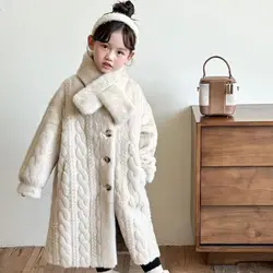 Winter Fashion Warm Long Jackets Cotton Girls Baby Thick Kids Knit Sweater Artificial fur Outerwear Children Elegance Snow Coats