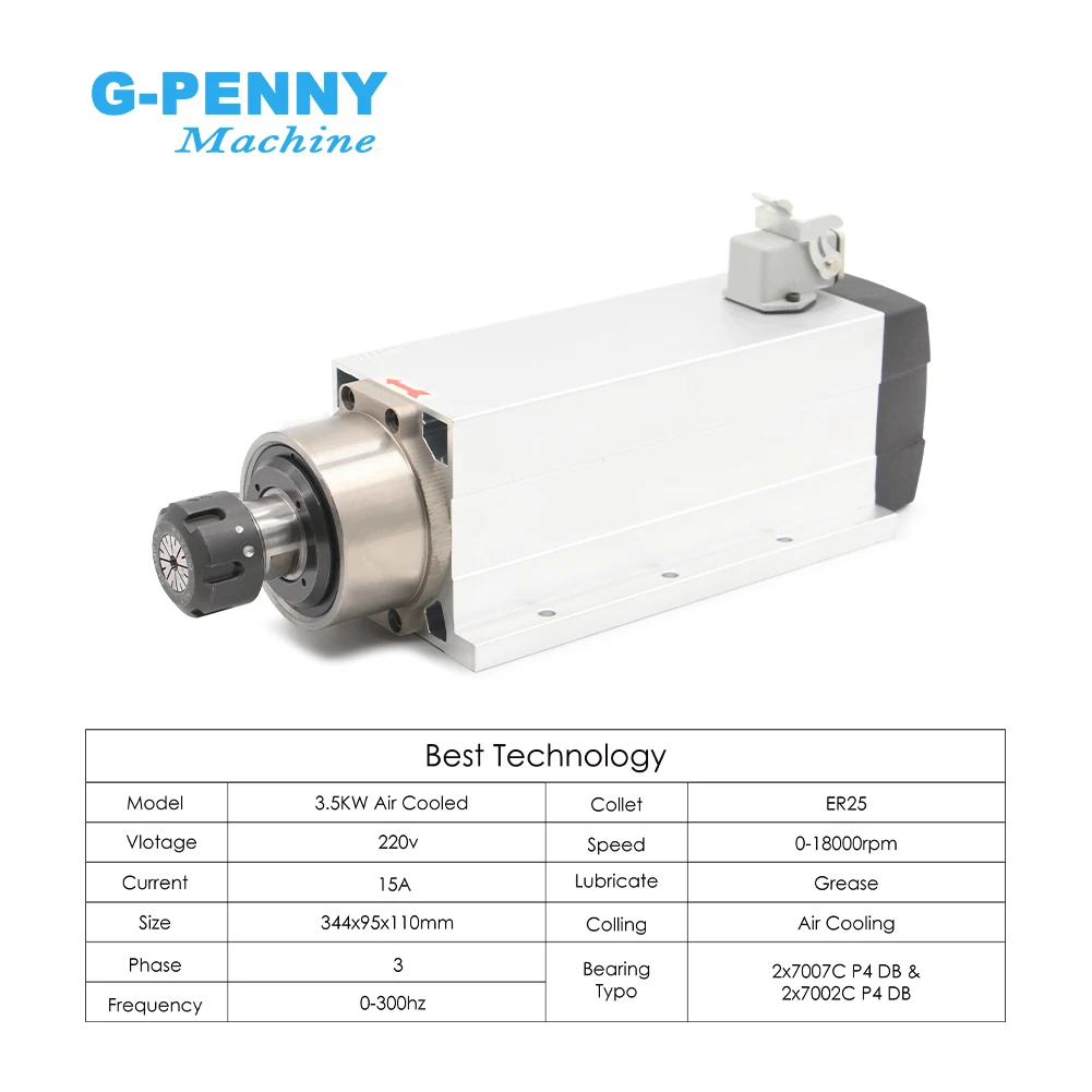 G-Penny 3.5kw ER25 Air Cooled Spindle Kit 300hz 4pcs Ceramic Ball Bearings Square Spindle ER25 Collet & 4.0kw Frequency Drive