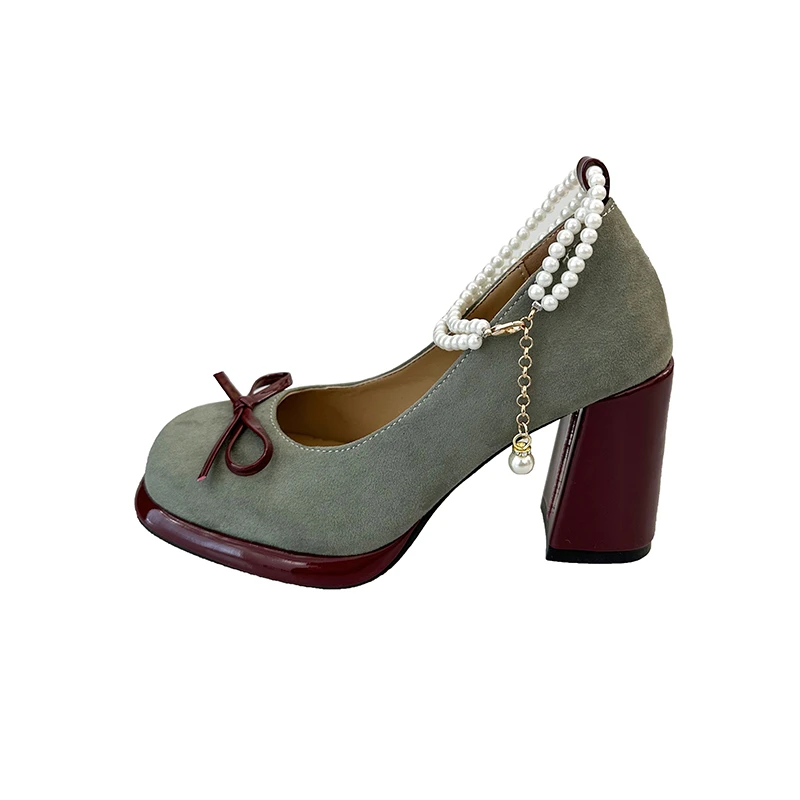 8cm Spring Autumn Platform Thick Heel Women Mary Jane Shoes Pearl Buckle Strap Shoes Ladies Elegant Butterfly-knot Dress Pumps