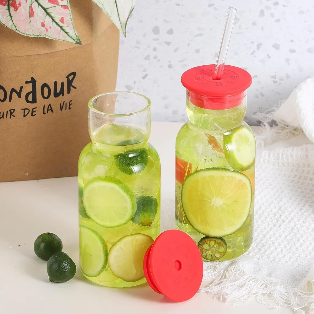 

Transparent Glass Water Bottle with Straw Silicone Lid Visible Glass Tumbler Lightweight Heat Resistant Juice Bottle Bar