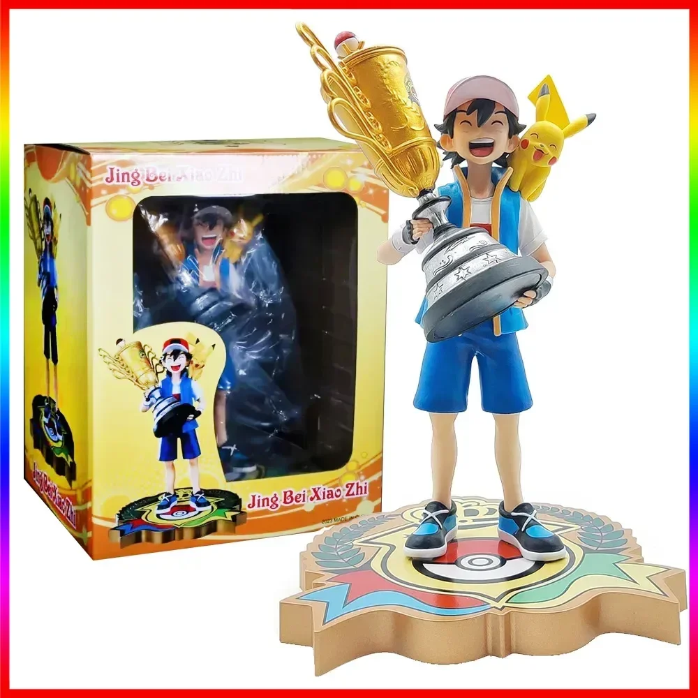 

19CM Anime Pokemon Ash Ketchum Pikachu Figure Championship Trophy Scene Model Toy Gift Doll Collection Action Figure PVC Statue