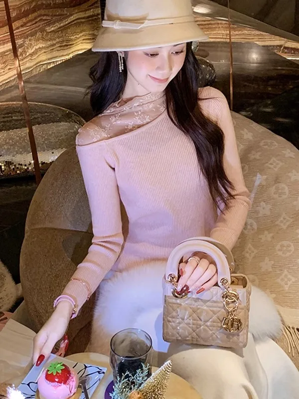 

oulder Bared Lace Splice Knitted Base irt Women's Faion Spring Autumn Sweater Slim Fit Inner Wear Casual Sle Long Sve