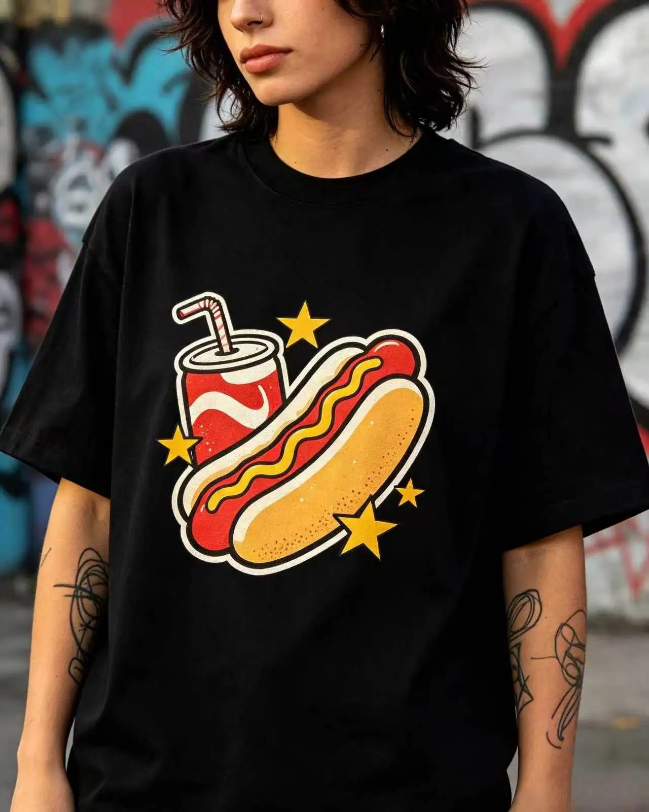 Unisex Hot Dog Soda Drink Fast Food Retro Cartoon Graphic T‑Shirt Men Women Fun Food Print Oversized Crew Neck Cotton Tee