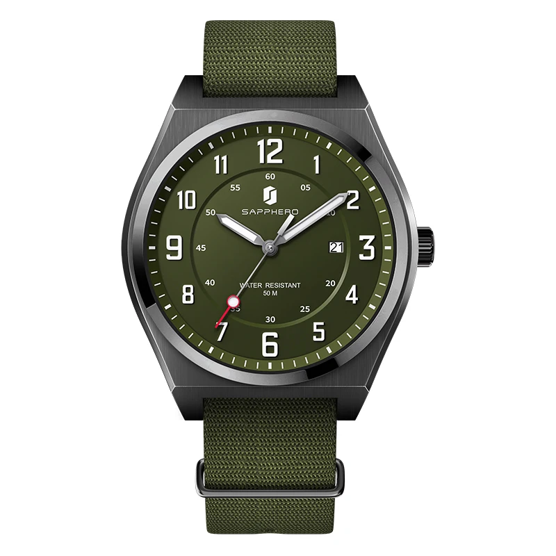 SAPPHERO Men's Sports Quartz Watch Military Style Green Dial Date Display Braid Strap 5ATM Waterproof Men's Gift