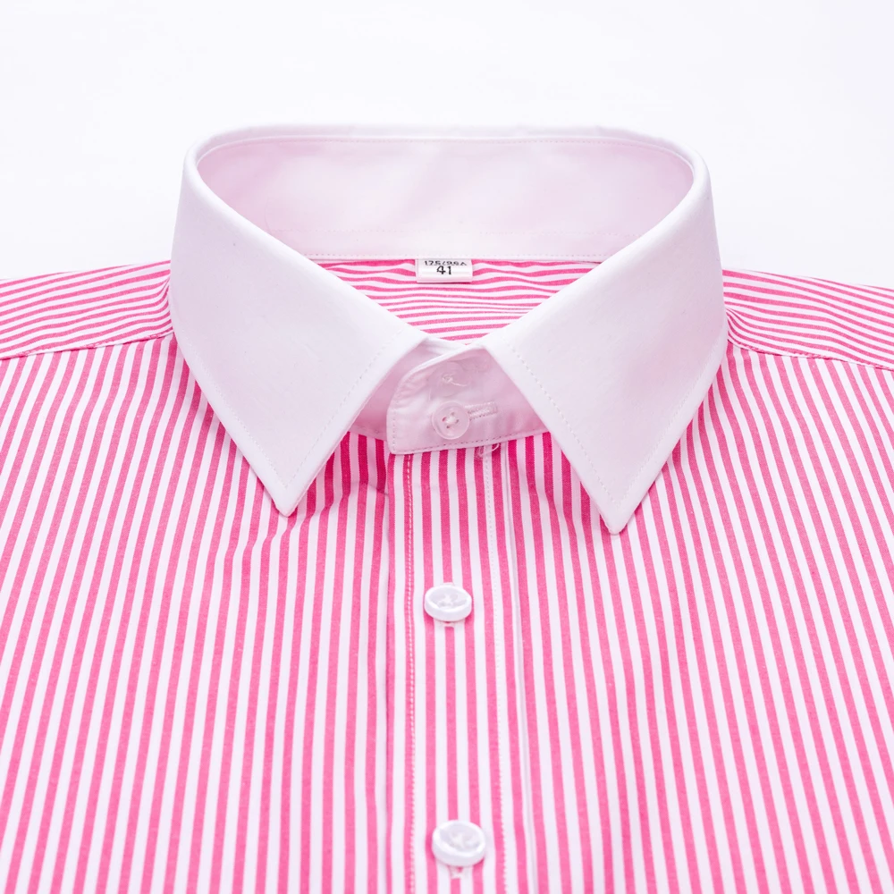 Kemeja Bergaris Lengan Panjang Formal Pria dengan Manset Prancis & Kerah Menyebar Kontras, Cocok untuk Pernikahan Bisnis, Semua Musim