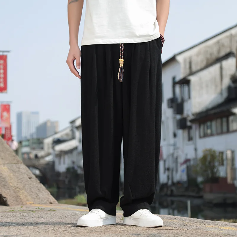 Chaopai 2024 Summer New Korean Versatile Linen Casual Pants Men's Trendy Loose Wide Leg Cotton Linen Straight Leg Pants