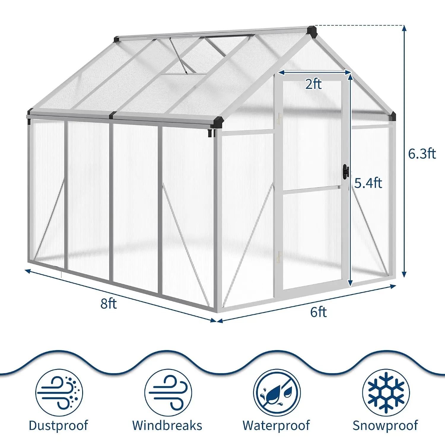 6 X 8 FT Greenhouse, Outdoor Greenhouses, Polycarbonate Panels with Aluminum Frame, Adjustable Roof Vent and, Customized