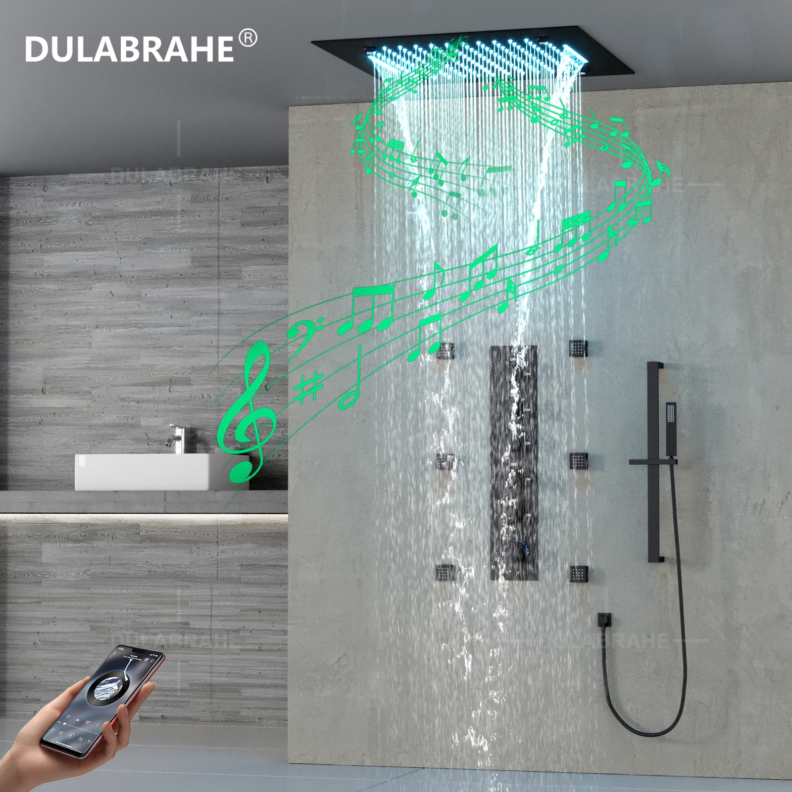 Large Size LED Music Shower System Thermostatic Concealed Shower Mixer Rainfall Shower Set Black Faucet System