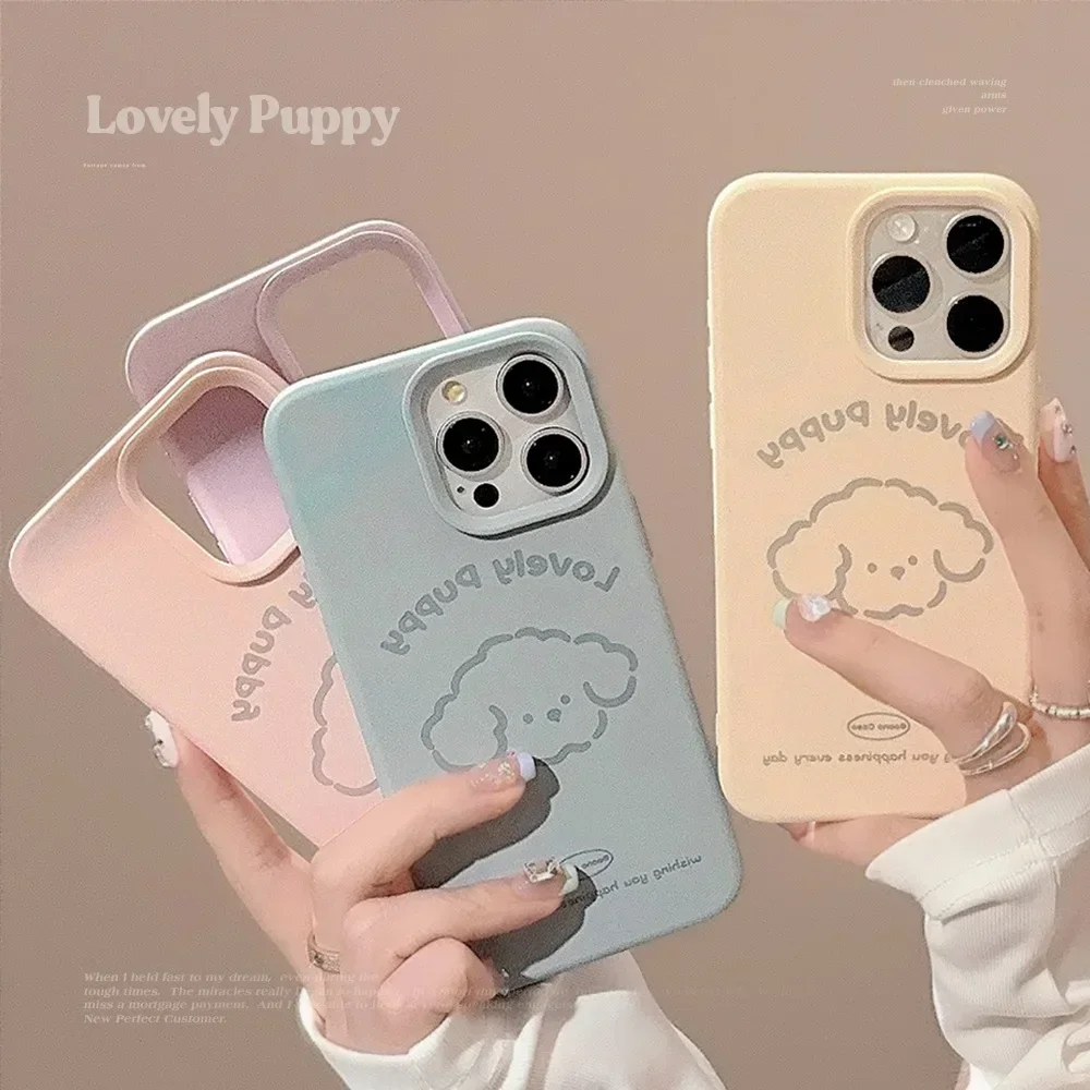 Simple Candy Colored Curly Haired Puppy Phone Case for IPhone16 15 14 12 13 11 Pro ProMax Plus X XR Shockproof Phone Cover