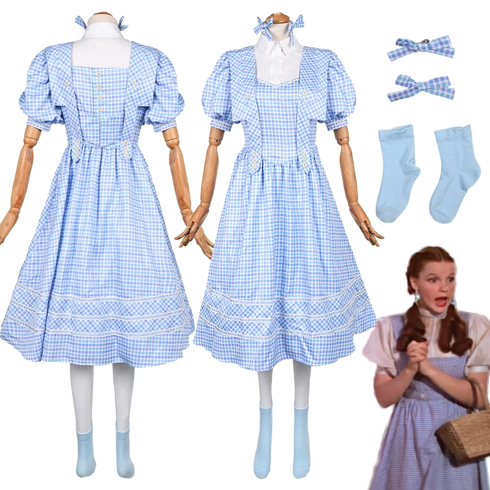 

Disguise Wiked Dorothy Cosplay Blue Plaid Dress Socks Bow Hairclip Clothing Set Costume Outfits Women Halloween Carnival Party