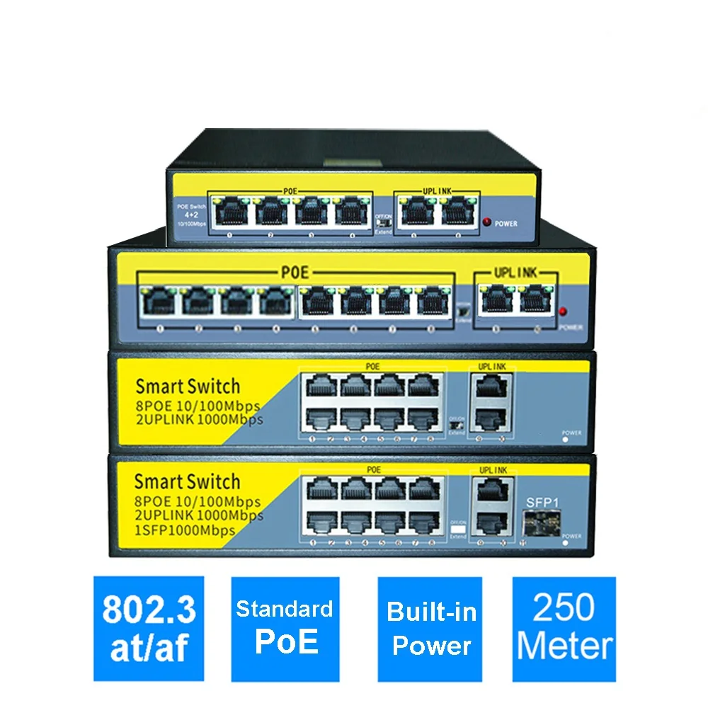 

POE Switch 8 Ports 100Mbps Ethernet switch 250m Lightning Protection with 2 ports 100Mbps Uplink network switch For IP Camera