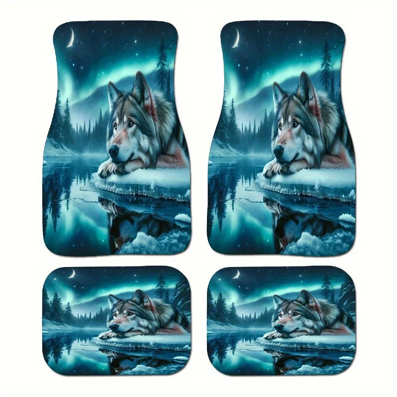4pcs Dream Wolf Totem Car Floor Mat Set - Crystal Velvet Anti-Slip Fit With Wolf & Snowy Mountain Night Design, Wolf Flowers Pri