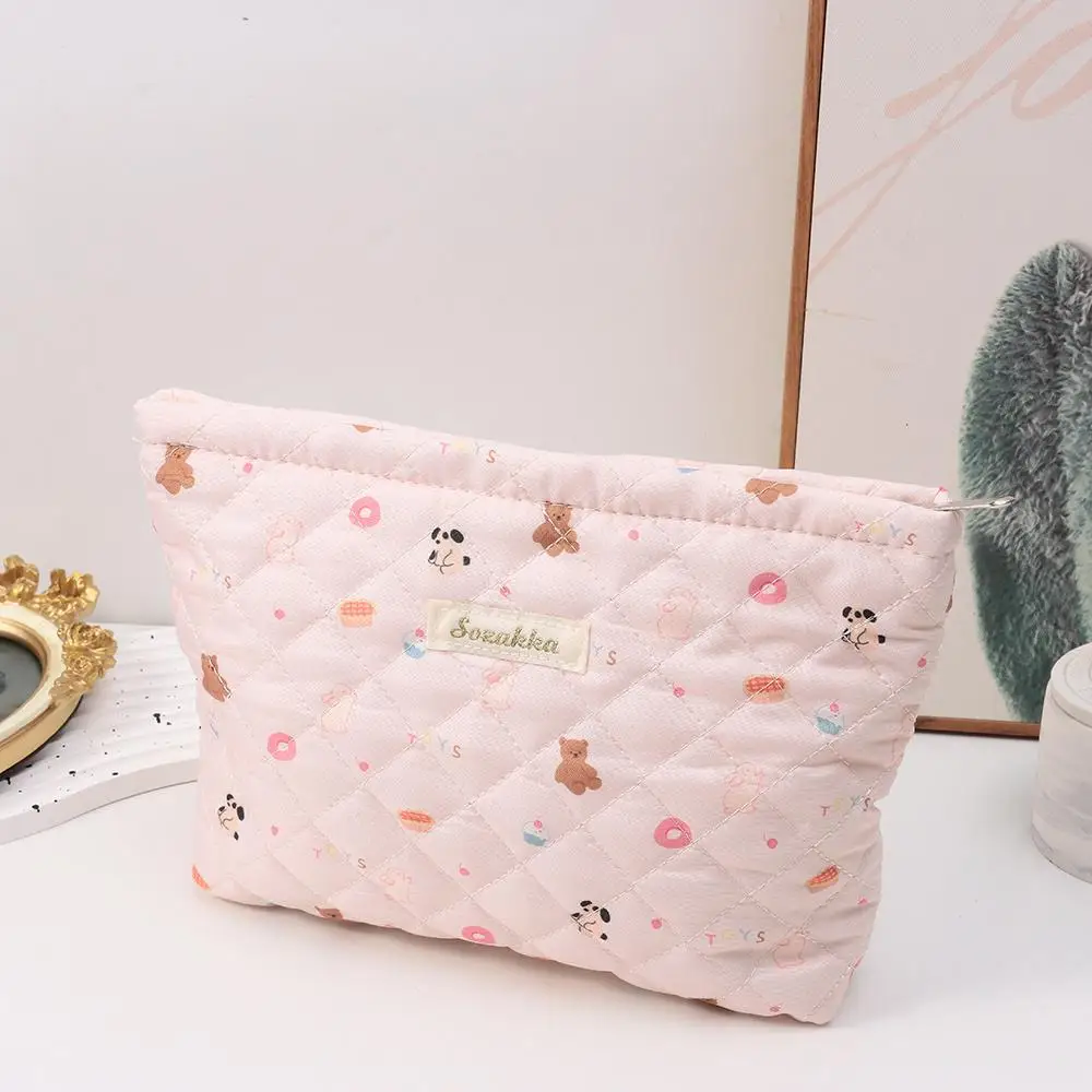 퀼팅 귀여운 핑크 여성용 화장품 가방, 더블 레이어 원단, 부드럽고 통기성 메이크업 케이스, 지퍼 잠금