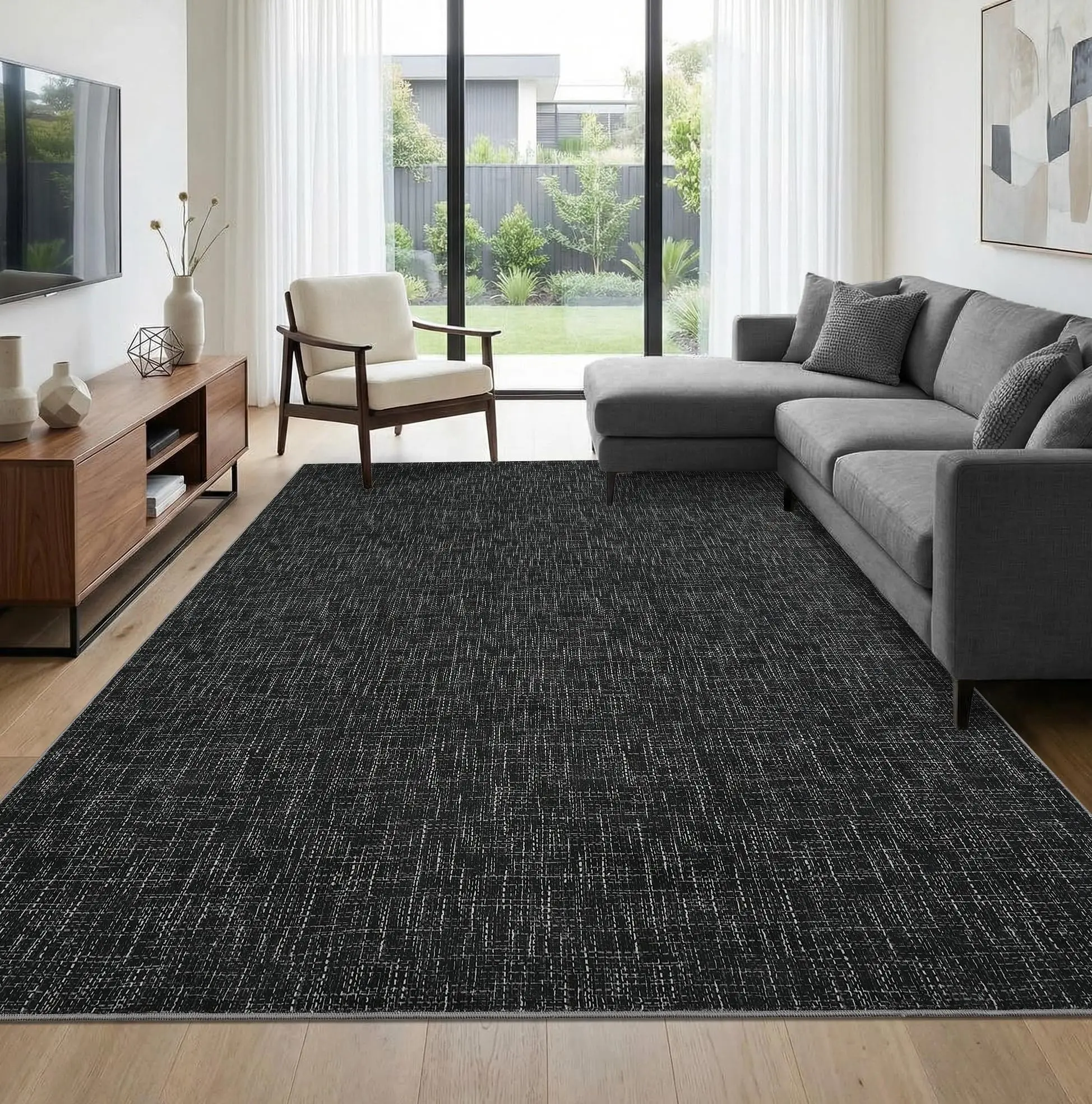 Tapis d’appoint moderne noir à texture, 120 x 170 cm, lavable, antidérapant, ne perd pas ses poils, résistant aux taches, pliable, tapis de sol doux, décoration de Noël pour la cuisine, l’entrée, convient aux animaux de compagnie.