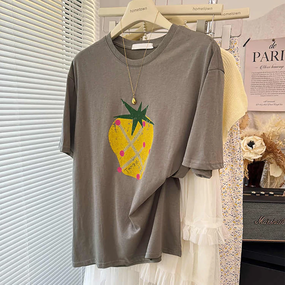 المرأة رقيقة تي شيرتات رائع الصيف عادية فضفاض س الرقبة الفراولة طباعة الأساسية تي شيرت الإناث قصيرة الأكمام سليم صالح تيز القمم