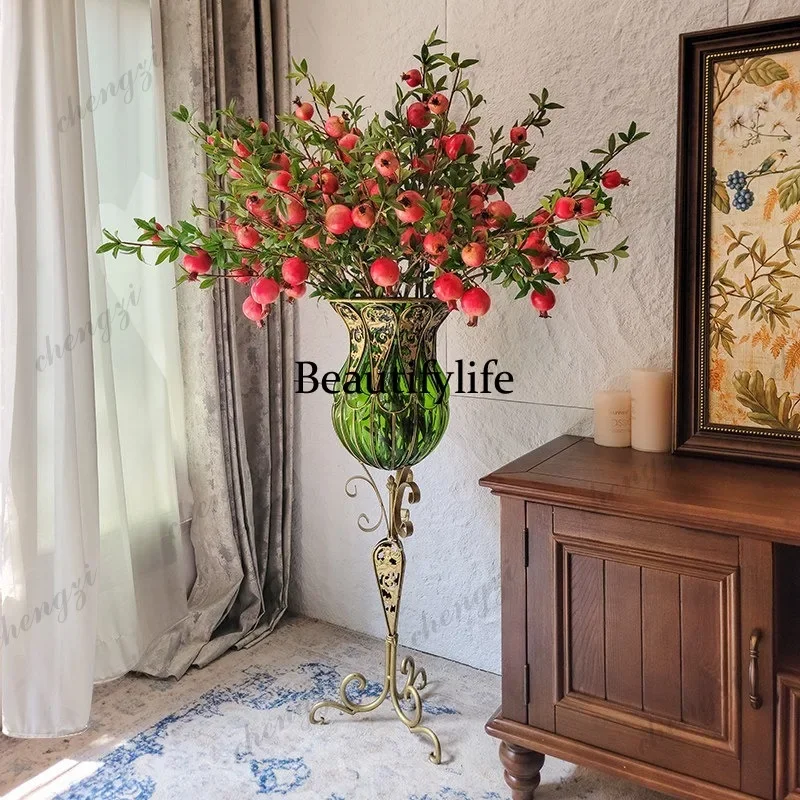 03 new Chinese-style living room floor-to-ceiling glass vase wrought iron festive red simulated flower