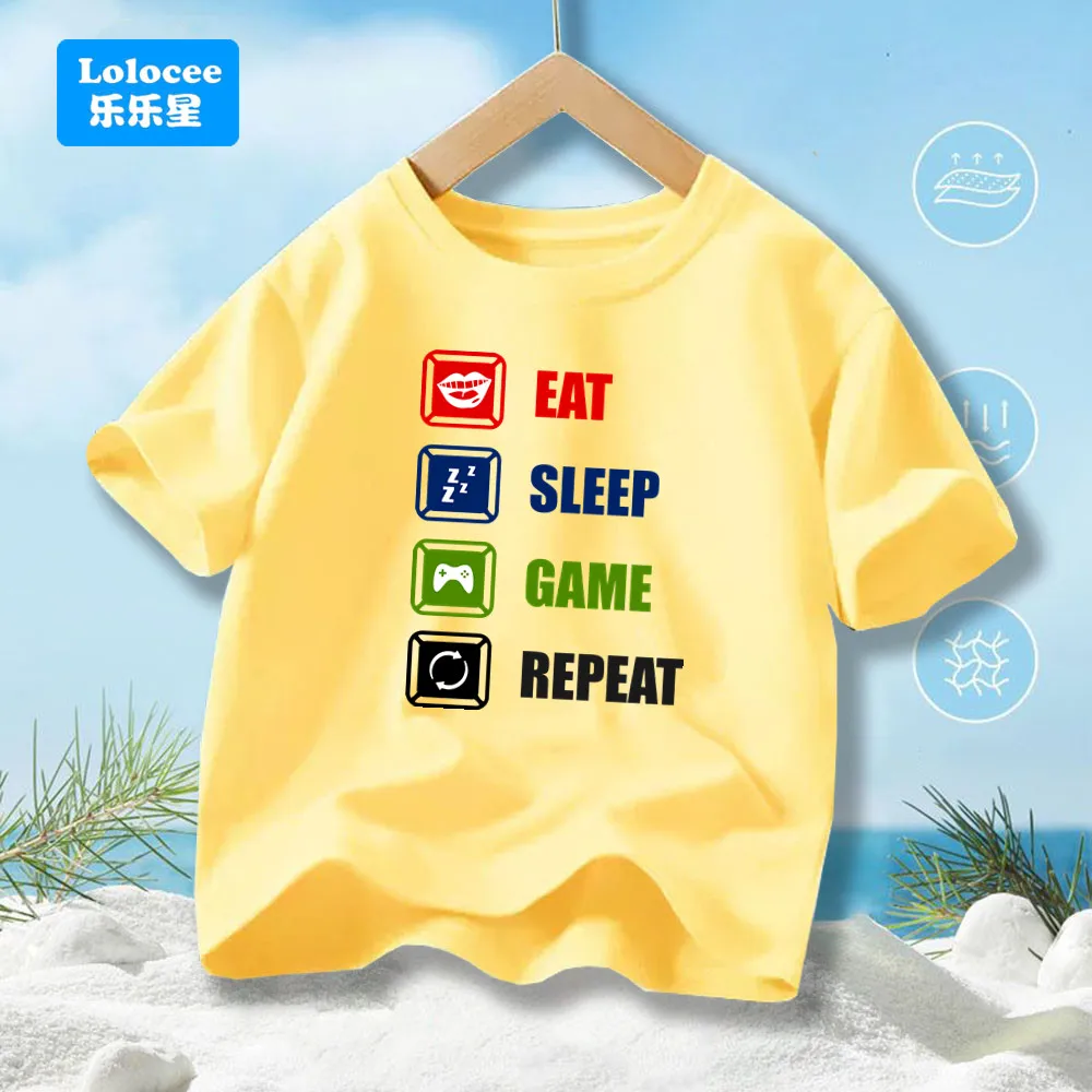 Eat Sleep Game T-Shirt For Boy Funny Gamer Gaming Christmas Birthday Gift Crew Neck Cotton Tshirt Printed Kids Tees YX02