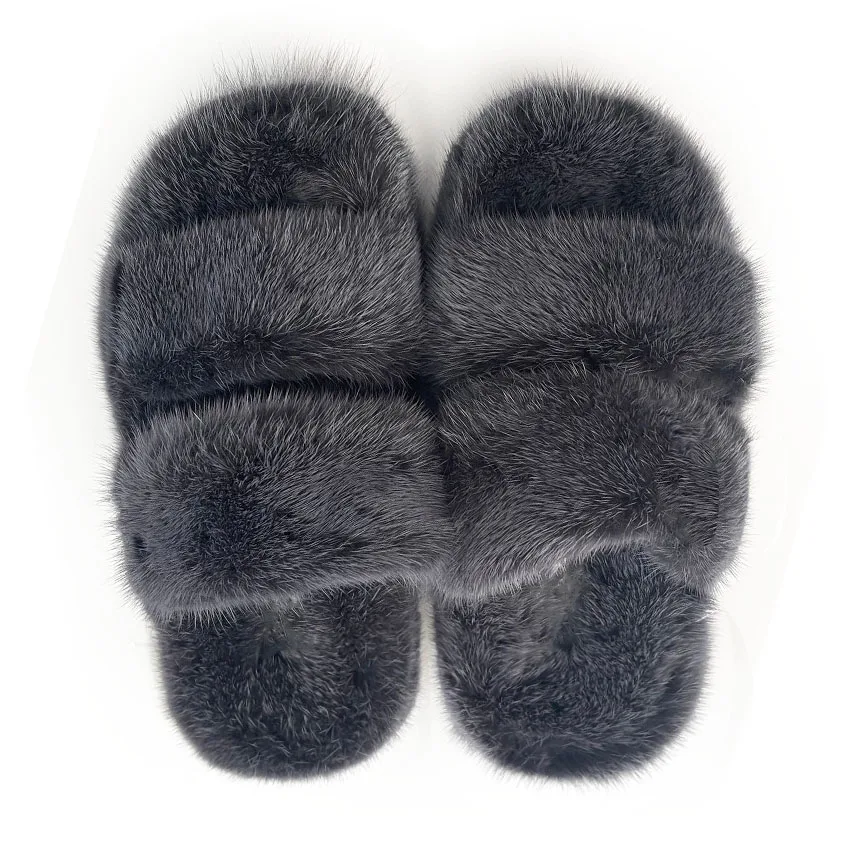 Summer 100% Mink Fur Slippers Flat Heel Luxury Fluffy Sandals 3cm Fashion High-End Luxury Customization 2024 Women's Shoes